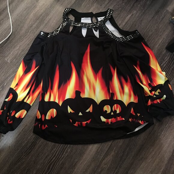Halloween Flames Cold Shoulder Long Sleeve Top New Medium  Hal1 - Picture 1 of 5
